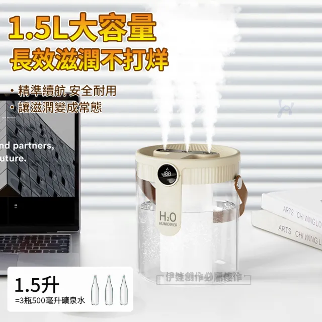 【IDREES 伊德萊斯】智能三噴加濕器 1500ML 數顯濕度 納米霧化水氧機 空氣清淨機(靜音加濕機 噴霧器)