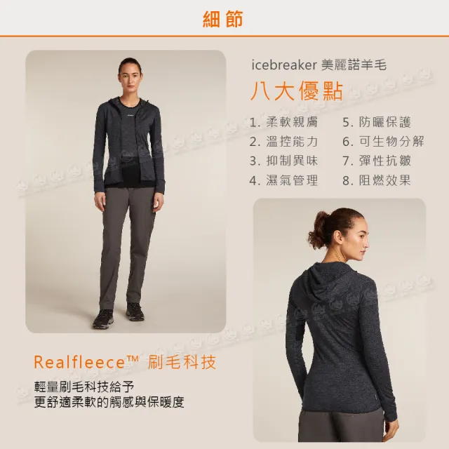 【Icebreaker】女 DESCENDER RealFleece刷毛保暖連帽外套《深灰/黑》BA56YN/薄外套/運動夾克