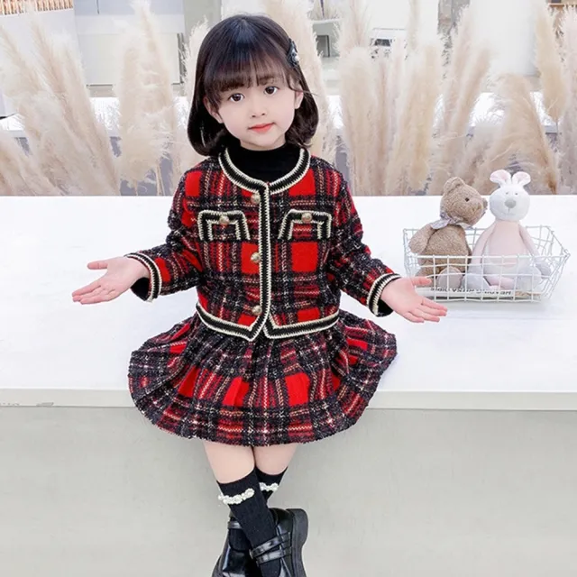 【橘魔法】學院風黑紅格紋毛呢長袖外套+短裙 套裝(厚外套 女童 童裝 兒童 聖誕節 過年 喜宴 新年 大紅)