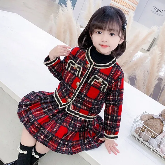 【橘魔法】學院風黑紅格紋毛呢長袖外套+短裙 套裝(厚外套 女童 童裝 兒童 聖誕節 過年 喜宴 新年 大紅)