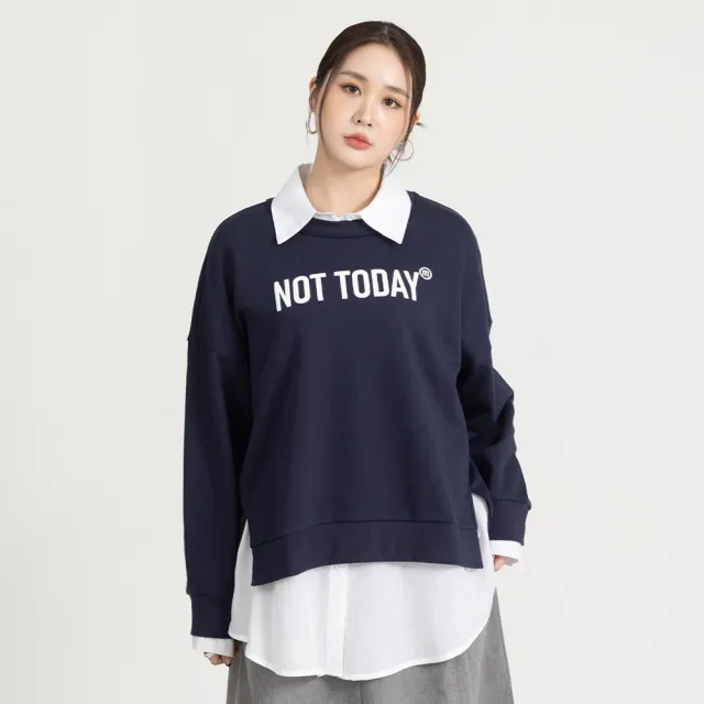 【M：MINb】not today下擺開開衩不卡臀大學T(深藍/中大尺碼女裝/大尺碼女裝/XL女裝/上衣/大尺碼上衣/T恤)