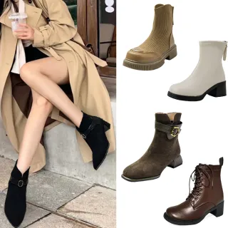 【0101】素面短靴 粗跟靴 針織 尖頭靴 休閒靴(多款任選)