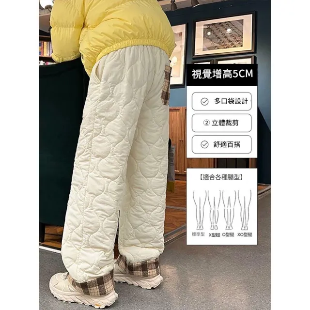 【ACheter】加厚夾棉格子拼接大碼寬鬆防風保暖長褲#126935(杏  藏青  黑)