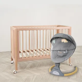【i-Smart】無印風多功能櫸木嬰兒床+電動安撫搖籃(甜睡2件組｜斜躺搖籃｜安撫搖椅｜電動搖椅)