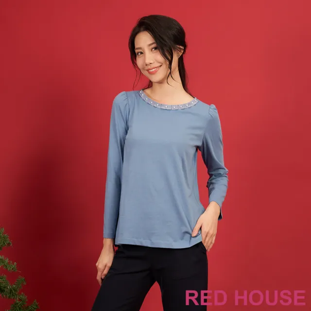 【RED HOUSE 蕾赫斯】領口珍珠點綴素色T-shirt(共5色)