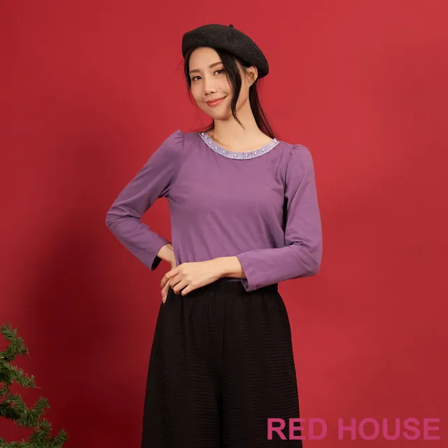 【RED HOUSE 蕾赫斯】領口珍珠點綴素色T-shirt(共5色)