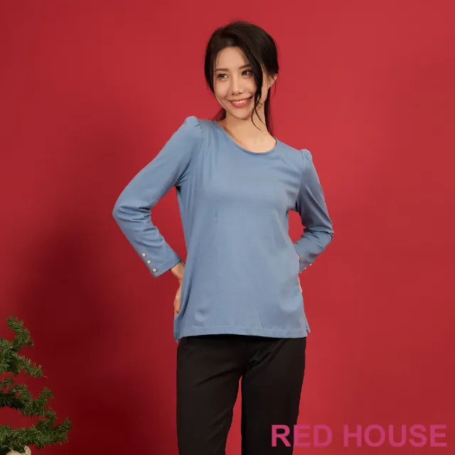 【RED HOUSE 蕾赫斯】袖口珍珠點綴素色T-shirt(共4色)