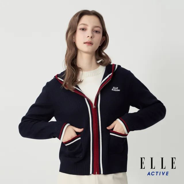 【ELLE ACTIVE】女款 法式學院風連帽針織外套-深藍色(EA25A1W5504-39)
