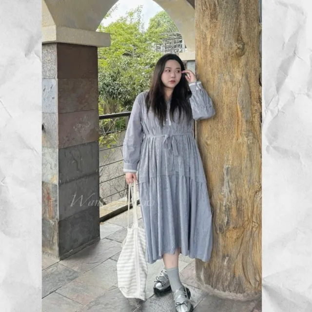 【Want-Meow】95公斤可穿/日系簡約顯瘦條紋長襯衫洋裝(大碼/大尺碼/加大碼/孕婦裝/長袖洋裝)