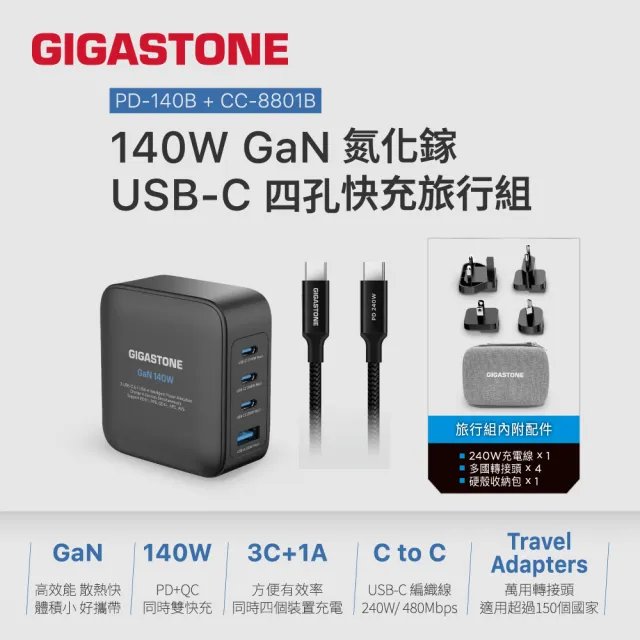 【Gigastone 立達國際】140W 四孔萬國充電旅行組｜支援手機 平板 筆電快充(全球通用充電器/萬國轉接頭)