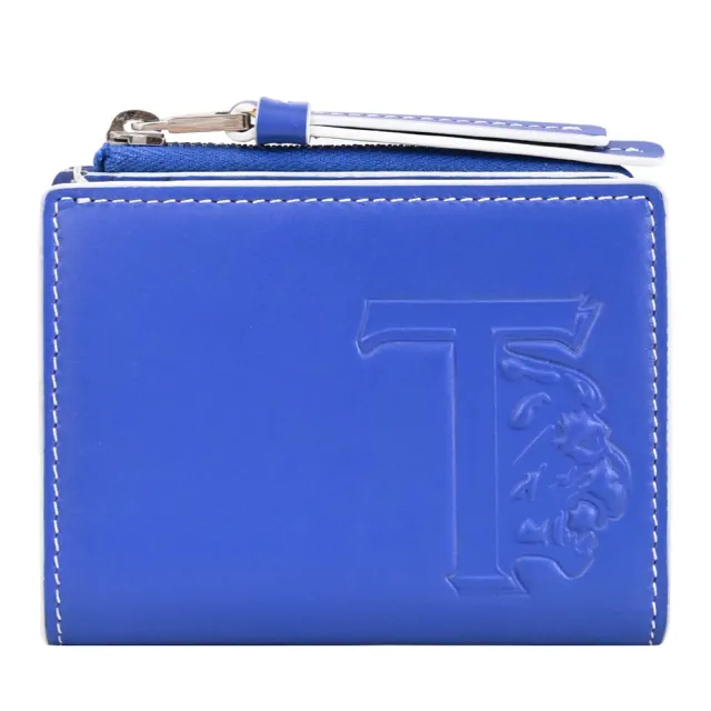 【TOD’S】TODS 品牌T字LOGO烙印小牛皮雙面扣式零錢短夾(藍/白邊)