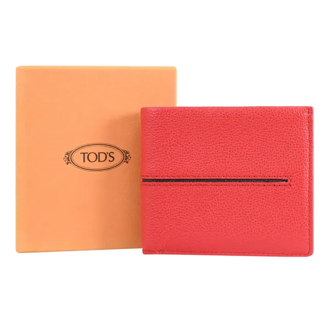 【TOD’S】TODS 簡約質感荔枝牛皮水平縫線雙層8卡短夾(紅)