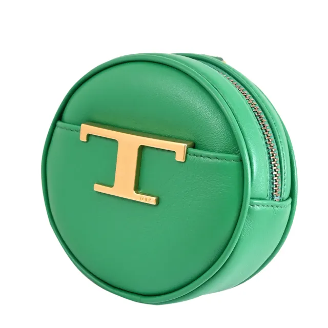 【TOD’S】TODS T Timeless 金屬LOGO小牛皮圓餅頸掛包零錢包(綠)