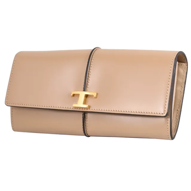 【TOD’S】TODS T Timeless 金屬LOGO滑面牛皮翻蓋扣式零錢長夾(褐)