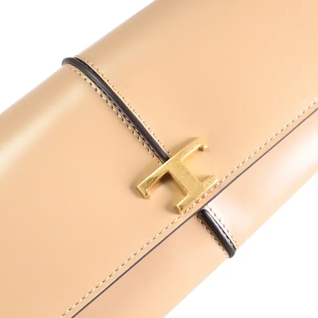 【TOD’S】TODS T Timeless 金屬LOGO滑面牛皮翻蓋扣式零錢長夾(褐)