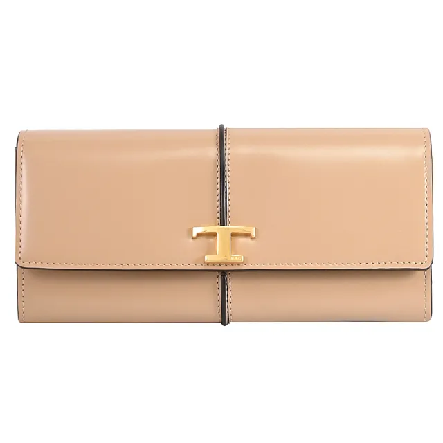 【TOD’S】TODS T Timeless 金屬LOGO滑面牛皮翻蓋扣式零錢長夾(褐)