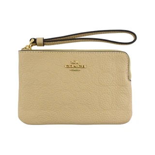 【COACH】C LOGO皮革掛帶L型拉鍊萬用手拿包(燕麥色荔枝紋)