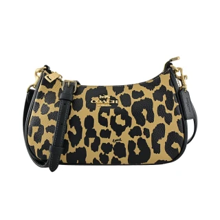 【COACH】Teri杏黃色荔枝紋皮革印彎底肩背/斜背兩用包(豹紋印花/小款)