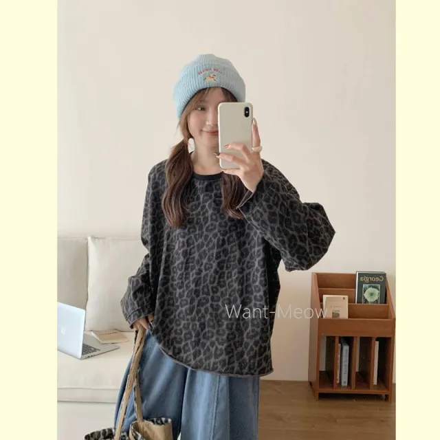 【Want-Meow】90公斤可穿/日系短版豹紋寬鬆長袖大學T(大碼/大尺碼/加大碼/長袖大學T)