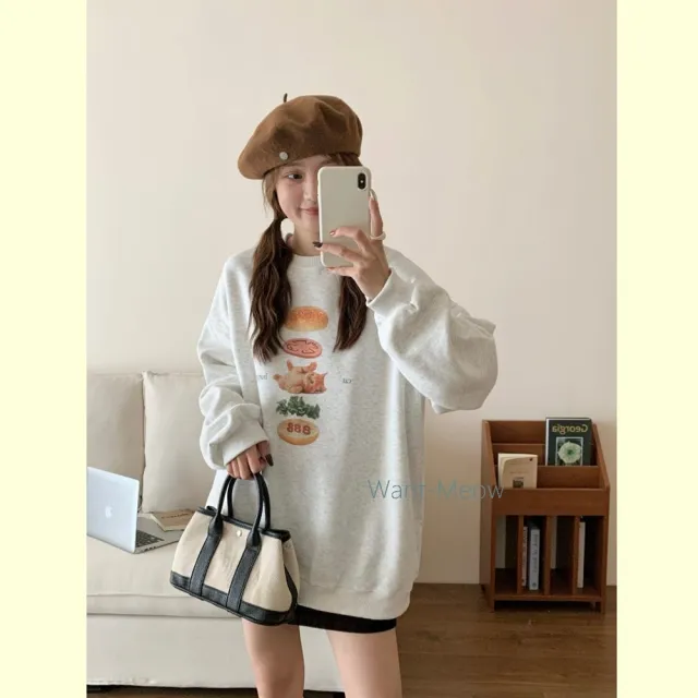 【Want-Meow】90公斤可穿/喵喵可愛漢堡堡寬鬆長袖鋪棉大學T(大碼/大尺碼/加大碼/長袖鋪棉大學T)