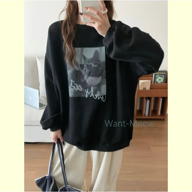 【Want-Meow】90公斤可穿/愛心墨鏡可愛喵!寬鬆長袖鋪棉大學T(大碼/大尺碼/加大碼/長袖鋪棉大學T)