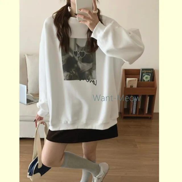 【Want-Meow】90公斤可穿/愛心墨鏡可愛喵!寬鬆長袖鋪棉大學T(大碼/大尺碼/加大碼/長袖鋪棉大學T)
