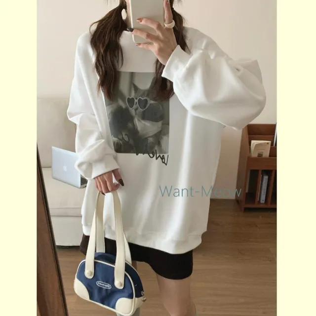 【Want-Meow】90公斤可穿/愛心墨鏡可愛喵!寬鬆長袖鋪棉大學T(大碼/大尺碼/加大碼/長袖鋪棉大學T)