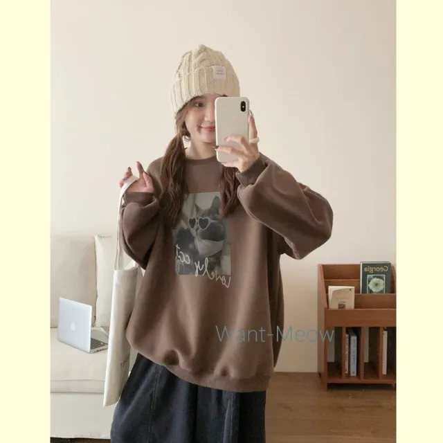【Want-Meow】90公斤可穿/愛心墨鏡可愛喵!寬鬆長袖鋪棉大學T(大碼/大尺碼/加大碼/長袖鋪棉大學T)