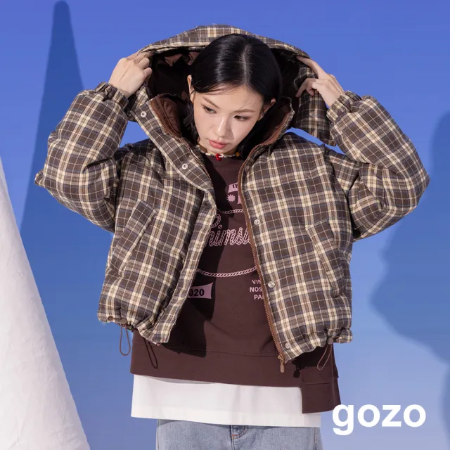 【gozo】復古格紋可拆式連帽鋪棉外套(咖啡)