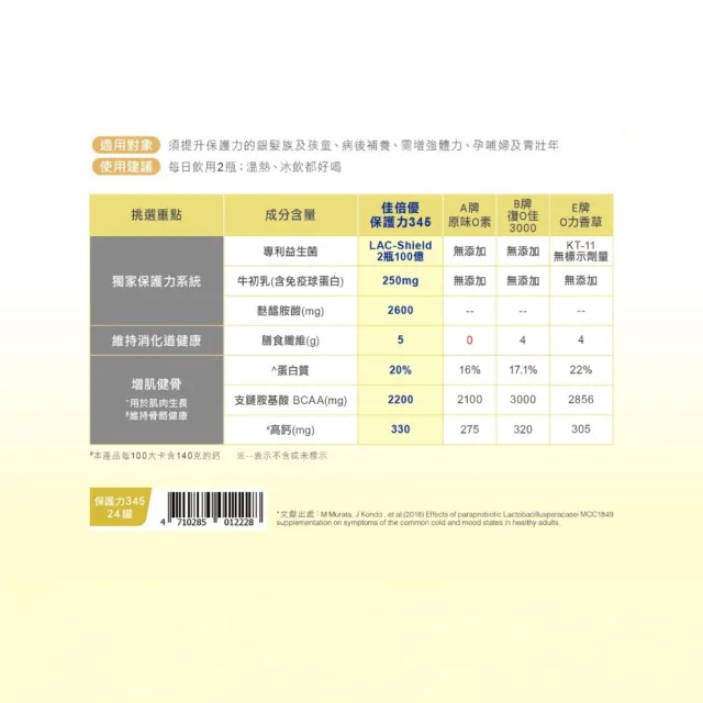 【維維樂】佳倍優 保護力345配方 無糖 237mlx24瓶/箱 2箱組(共48瓶 日本專利益生菌)