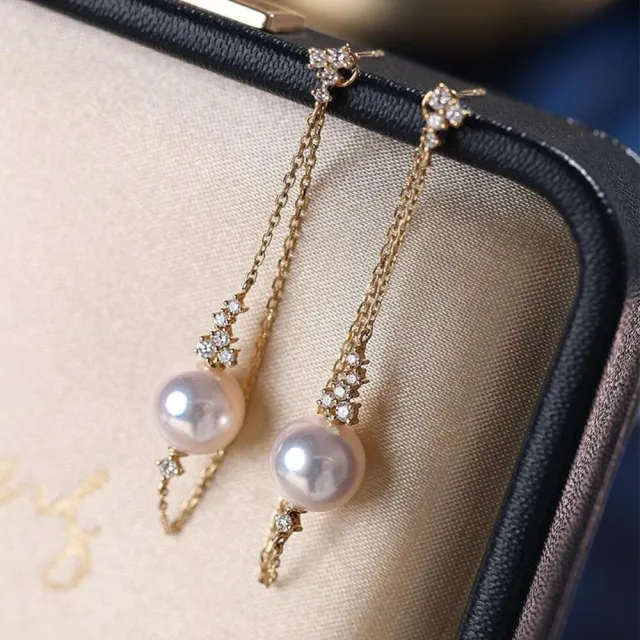 海斯珠寶】極光系列18K金7-7.5mm 日本Akoya 海水珍珠耳線天然鑽石點綴