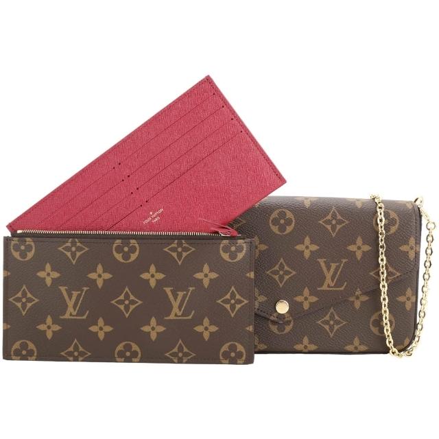 【Louis Vuitton 路易威登】M81896 Felicie Pochette 桃紅內裡 咖啡色塗層帆布斜背包(WOC 皮夾 鍊帶包)
