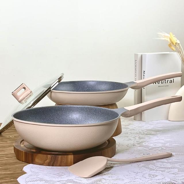 【CHEF 掌廚】韓國製輕量鑄造IH不沾深炒雙鍋組30CM(附玻璃蓋/不挑爐具)