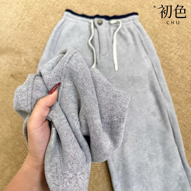 【初色】簡約休閒寬鬆保暖加絨修身鬆緊高腰直筒闊腿褲寬褲長褲-共2色-17736(M-XL可選)(其他規格)