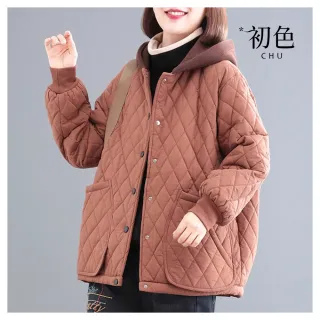 【初色】撞色拼接連帽排扣寬鬆長袖菱格紋夾棉加厚保暖棉服夾克外套女外套-共3色-17792(M-2XL可選)