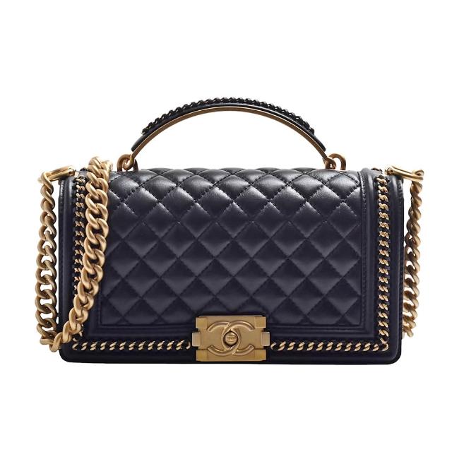 【CHANEL 香奈兒】經典雙C LOGO BOY系列菱格紋牛皮仿舊金屬手提斜背包(25cm-黑色A94804C-BLK-GPN)
