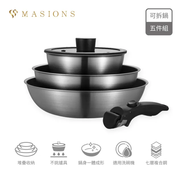 【MASIONS 美心】維多利亞 極厚七層複合鋼可拆鍋不沾鍋3鍋5件組(28深炒/24平/18湯/可拆手柄/18蓋)