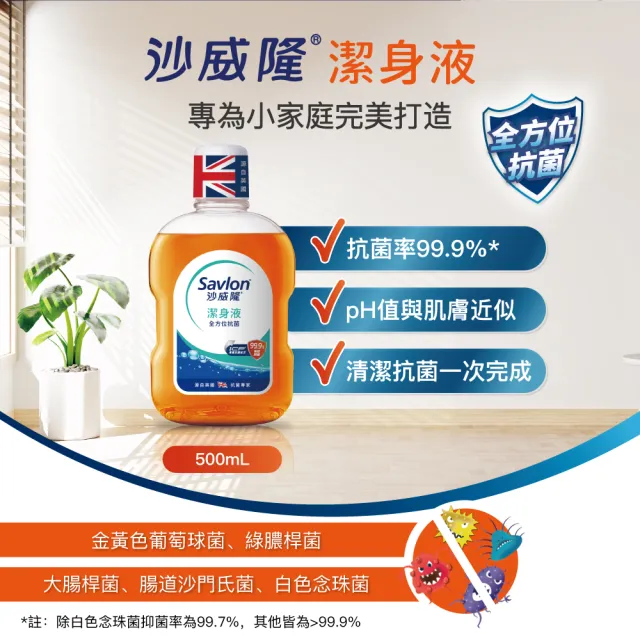 【Savlon 沙威隆】沙威隆潔身液500ml(身體清潔/沐浴/抑制細菌/官方直營)