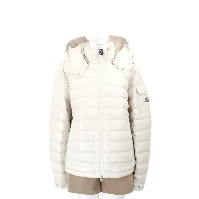 【MONCLER】Lgens 徽章 米白色絎縫 連帽可拆羽絨外套 夾克-男女可穿(頂級羽絨)