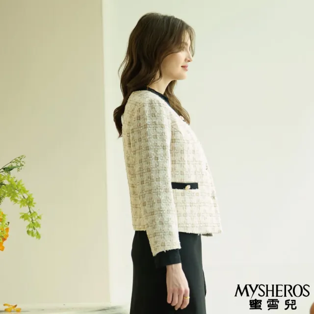 【MYSHEROS 蜜雪兒】小香風外套 毛呢千鳥格紋 短款滾邊金釦(米)