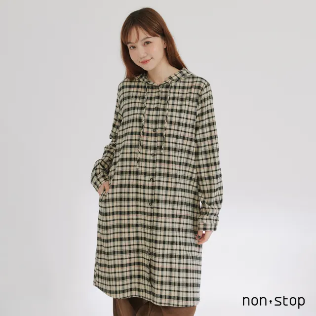 【non-stop】暖意格紋連帽長版襯衫-2色