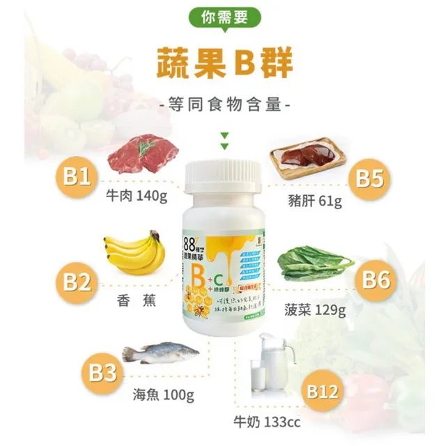 【宏醫生技】獨家升級88種蔬果酵素萃取B群+C+綠蜂膠6入組(30顆/瓶-菸鹼酸 泛酸 生物素 補充元氣 營養補給)