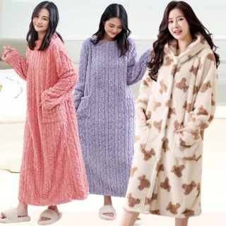 【Kosmiya】1套 多款任選 法蘭絨保暖可愛小熊睡袍/女睡衣/長袖睡衣/連身洋裝/洋裝/保暖睡衣(均碼/加大碼)