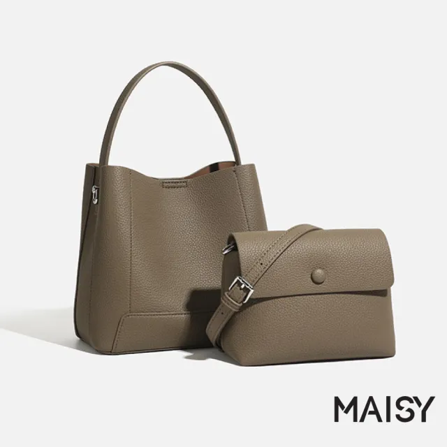 【MAISY】休閒百搭素面軟皮大容量單肩水桶包 斜跨包(米白/棕/棕灰/墨綠/黑)