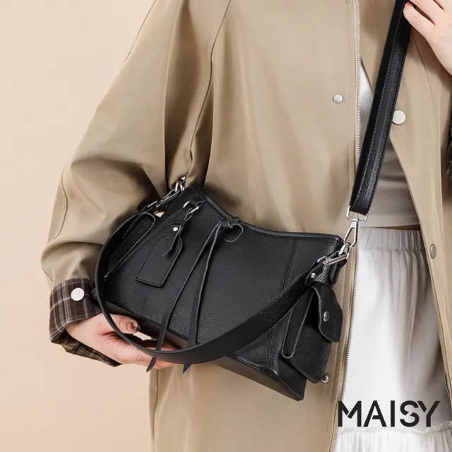 【MAISY】時尚簡約素面牛皮復古斜跨包 單肩包(卡其/棕/黑)