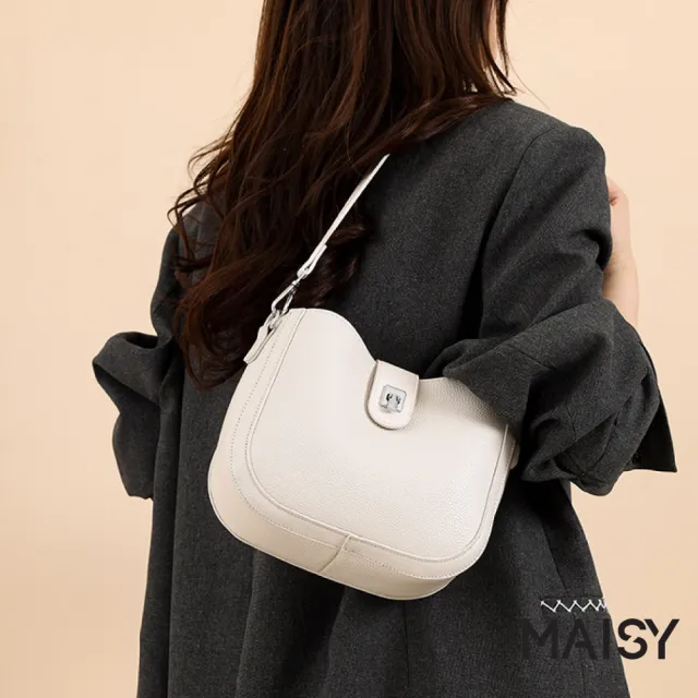 【MAISY】時尚簡約素面皮革手提 斜跨馬鞍包(白/卡其/咖啡/黑)
