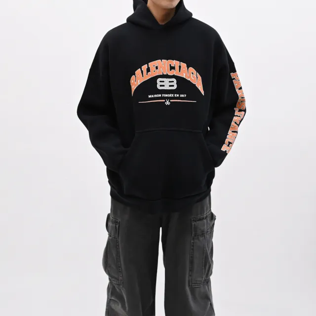 【Balenciaga 巴黎世家】經典LOGO內刷毛寬鬆連帽厚長袖上衣(黑)