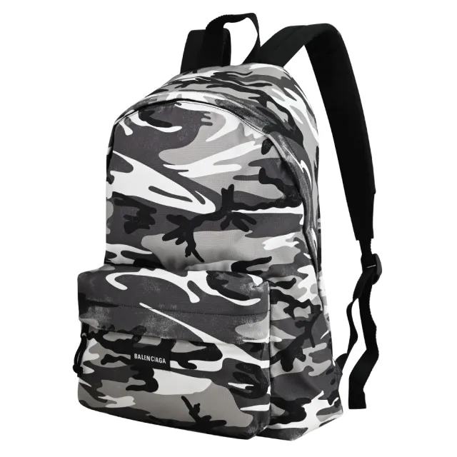 【Balenciaga 巴黎世家】品牌LOGO刷舊迷彩旅用包商務包後背包(灰白 大款)