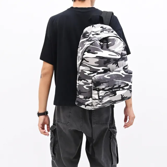 【Balenciaga 巴黎世家】品牌LOGO刷舊迷彩旅用包商務包後背包(灰白 大款)