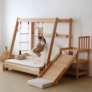 【Taoshop 淘家舖】實木兒童伸縮床｜鞦韆樹屋滑梯床｜多功能兒童房玩樂架｜全櫸木吊環｜QMO004
